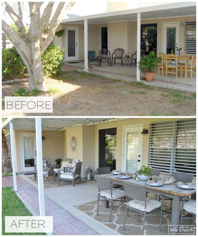 AMAZING! Table & Hearth completely transformed this boring, bare, and beat up patio space into a relaxed, neutral, and weathered coastal-meets-farmhouse space that's perfect for entertianing! Great DIYs and curated decor make it such a beautiful space.