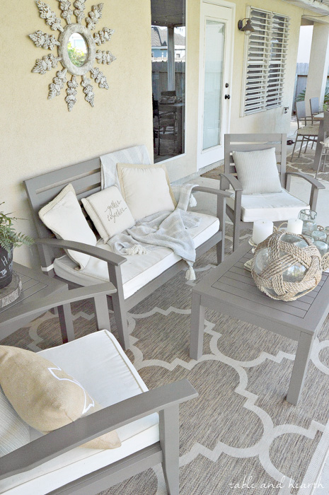 How to Refinish a Patio Set - Have a worn and weathered wooden patio set that needs some love? Check out this great tutorial on how to make it look new again! www.tableandhearth.com
