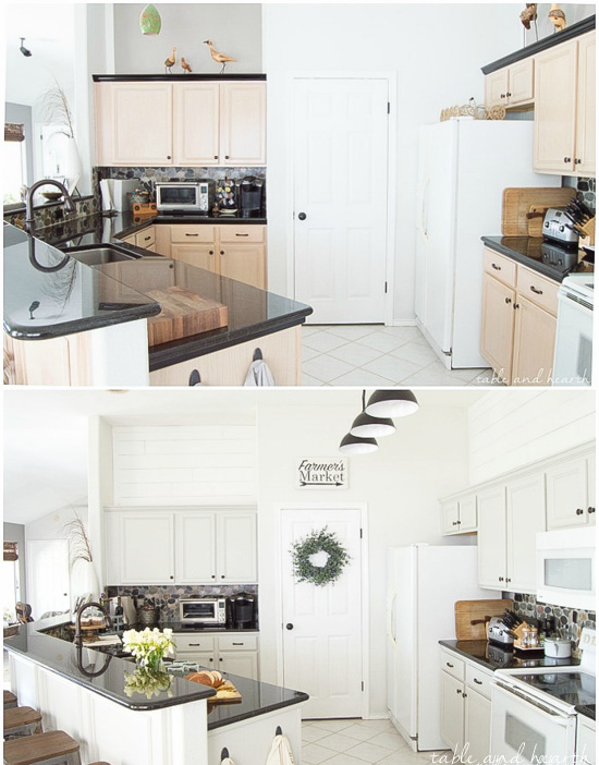 BEAUTIFUL Gray Kitchen! This kitchen went from pink pickled oak mess to a perfect light gray rustic farmhouse-inspired space full of character. Cabinet color is Sherwin-Williams "Repose Gray" www.tableandhearth.com