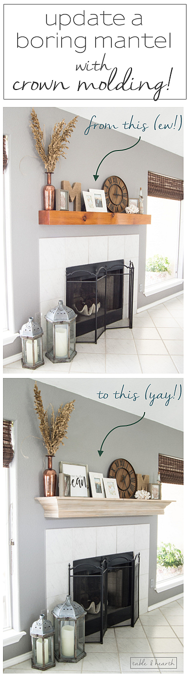 An easy DIY mantel update with crown molding! Perfect solution for that ugly boring mantel!