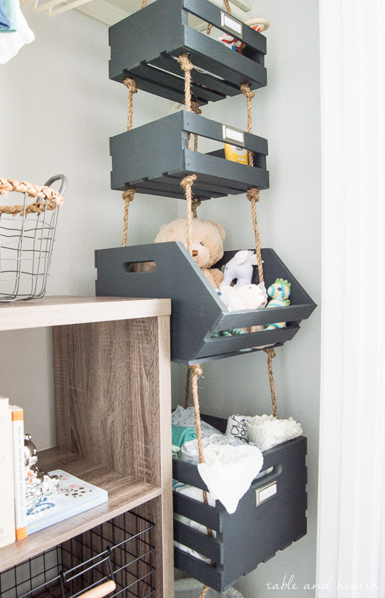 What a cool way to use vertical space! Hanging closet storage crates