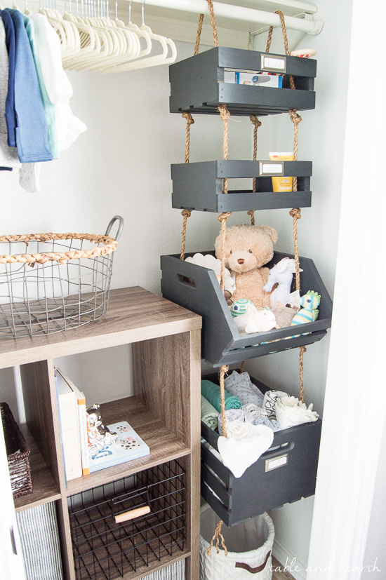 What a cool way to use vertical space! Hanging closet storage crates