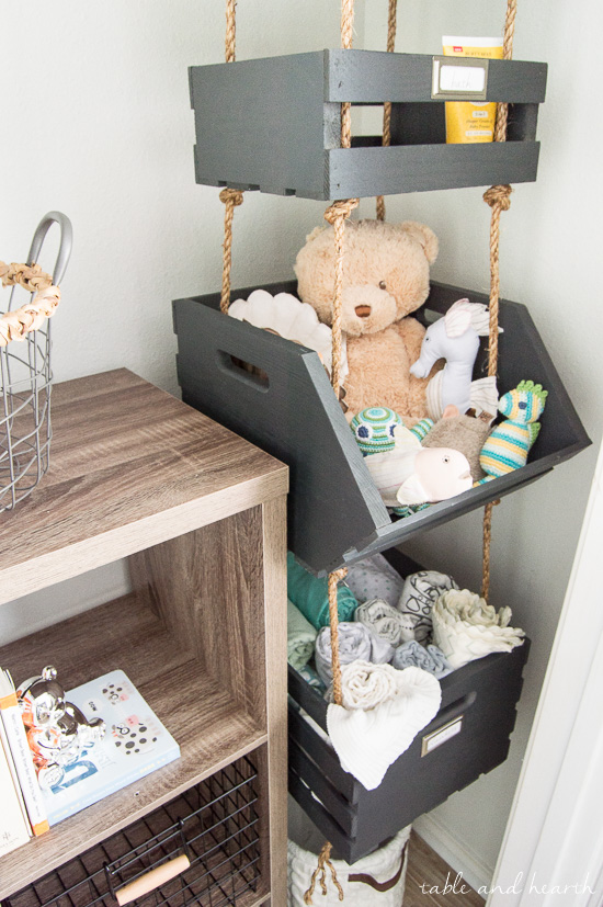 What a cool way to use vertical space! Hanging closet storage crates